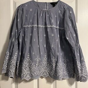 J. Crew Navy Cotton Poplin Blouse with White Embroidery